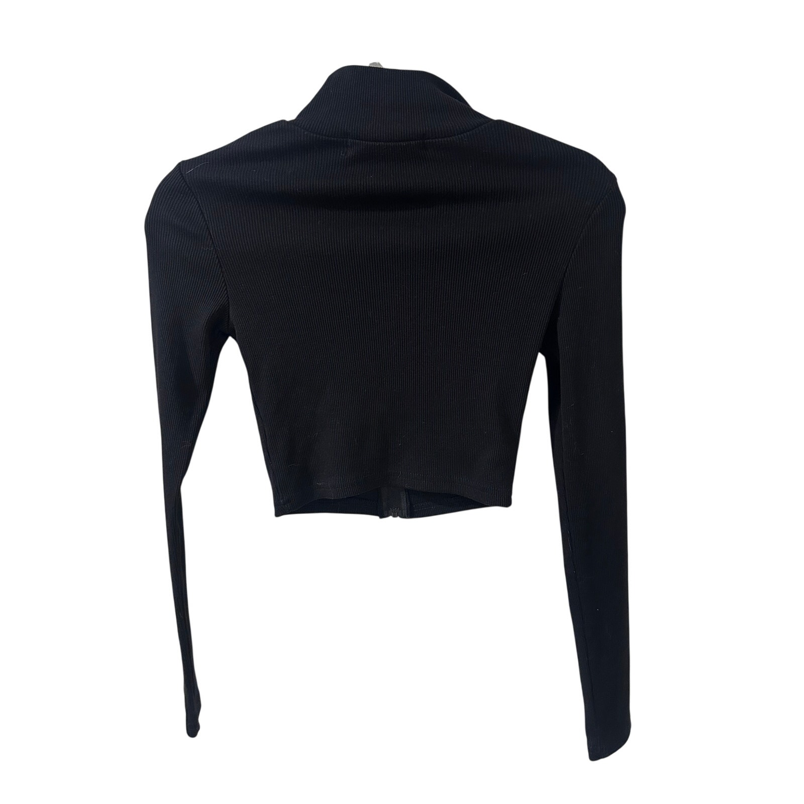 The Kript Black Ribbed Knit Full Zip Mock Neck Cropped Jacket Top Size S Euc — image 7 of 7